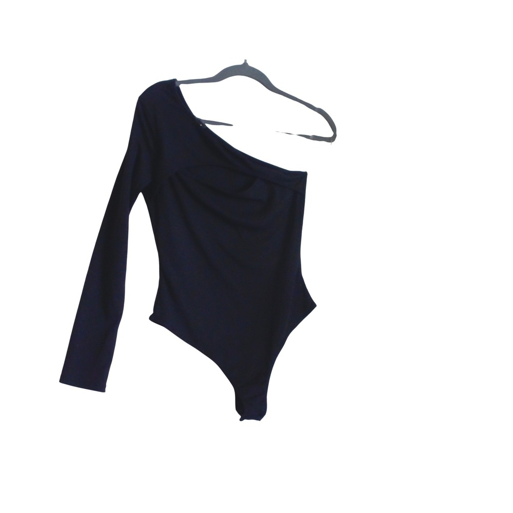 LUSH Black Ribbed One Shoulder Long Sleeve Bodysuit Small